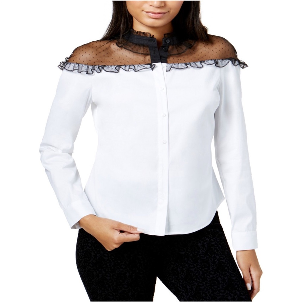 Women's White Ruffled Illusion Contrast Shirt